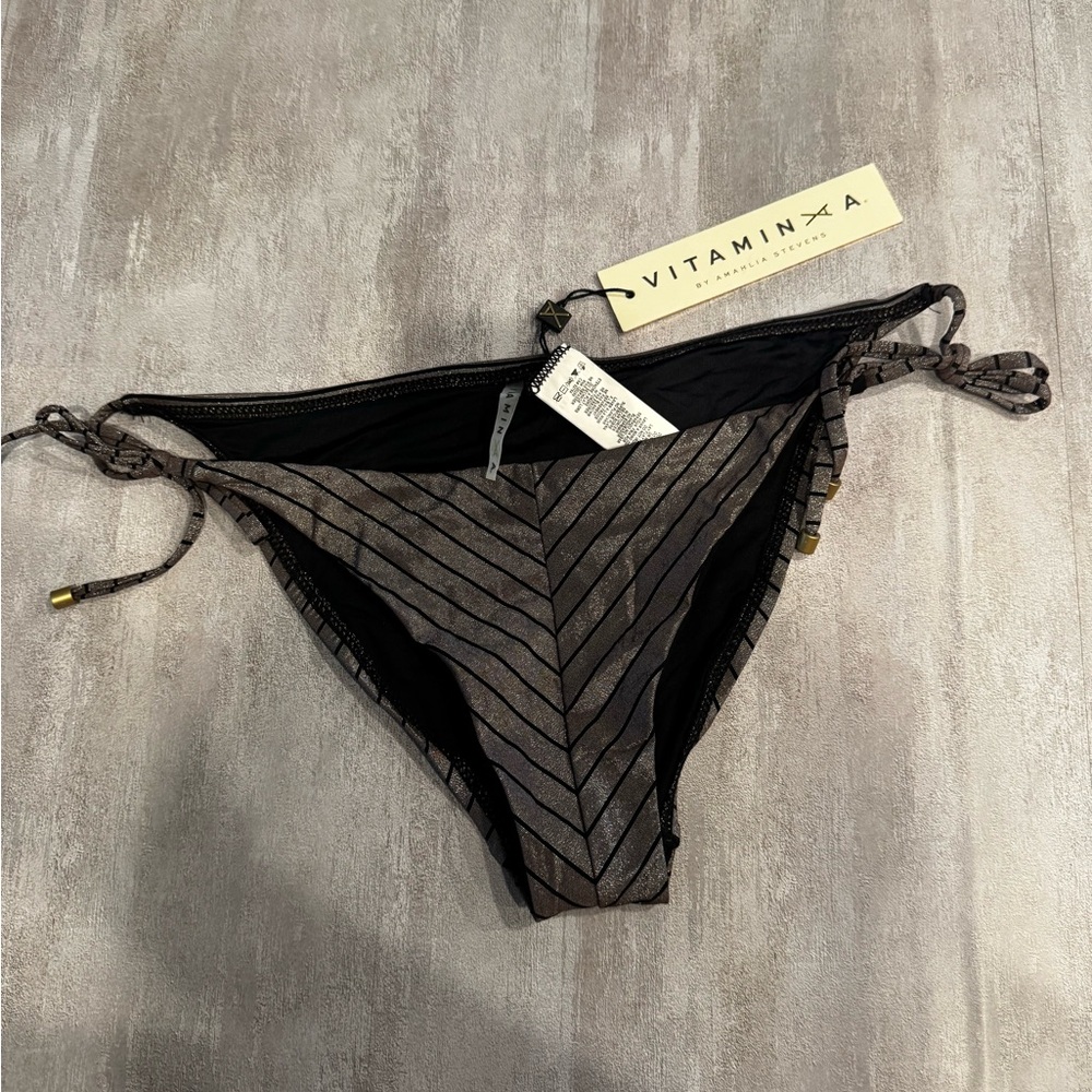 VITAMIN A ADJUSTABLE TIE SIDE CHEEKY BIKINI BOTTOM Shimmer Metallic Stripe L/10
